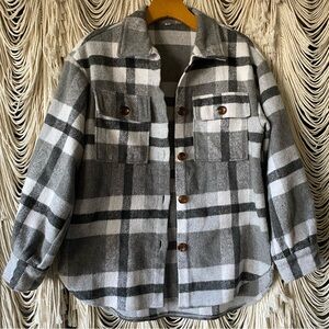 Plaid Warm Shacket Grey White Thick Flannel Oversized Shirt Jacket